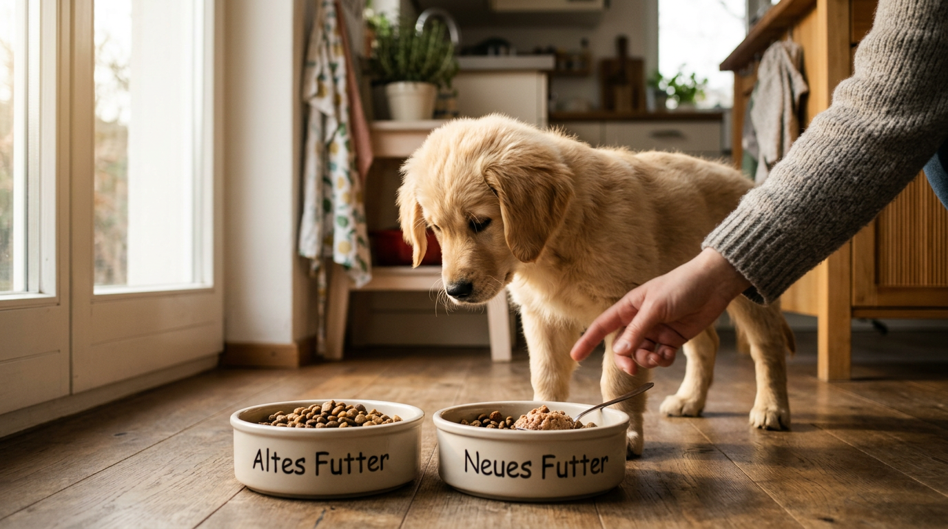 Welpe Futter umstellen – der 7-Tage-Plan – KI-generiertes Symbolbild