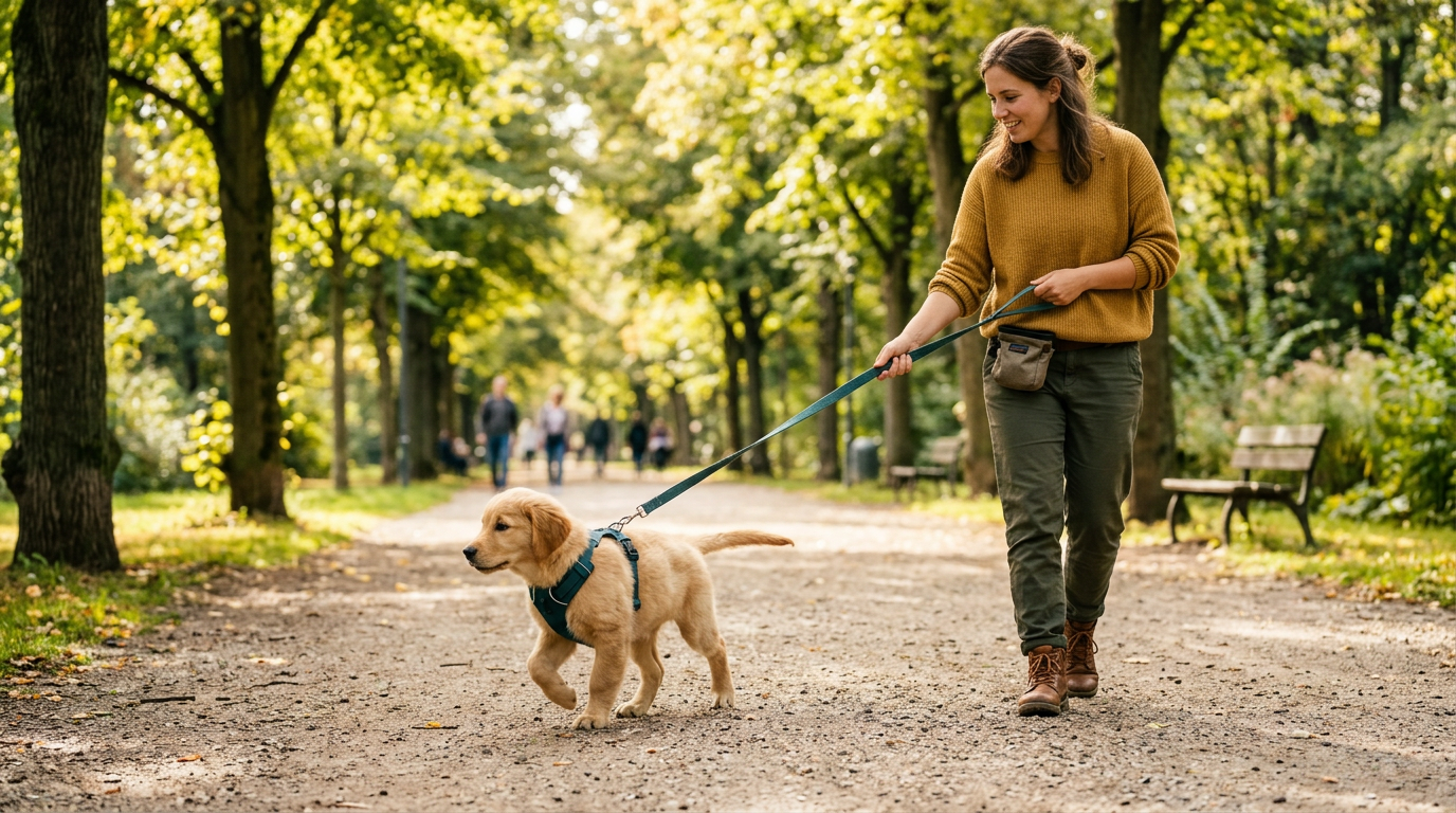 Welpe zieht an Leine – Training & Tipps – KI-generiertes Symbolbild